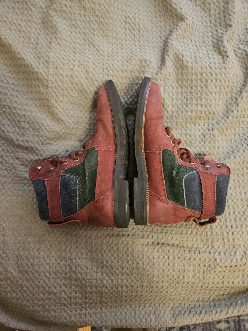 Vintage 90s Maroon and Green Suede Lace-Up Boots